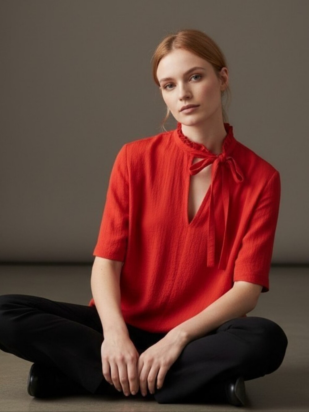 SANDRO PARIS Angie Red Satin Asymmetric Ruffled Tie Neck Short Sleeve Blouse M